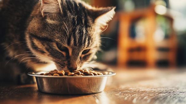 朝の光に包まれた猫の食事タイム 朝の光に包まれた猫の食事タイムの写真