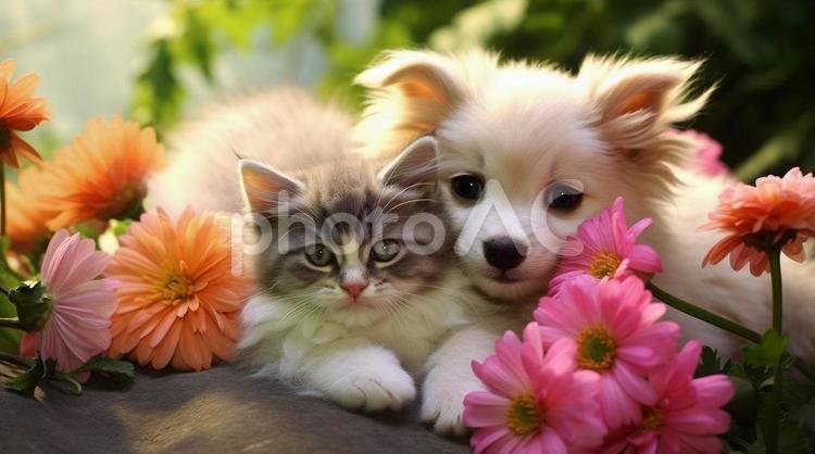 仲の良い子犬と子猫 犬,ねこ,いぬの写真素材