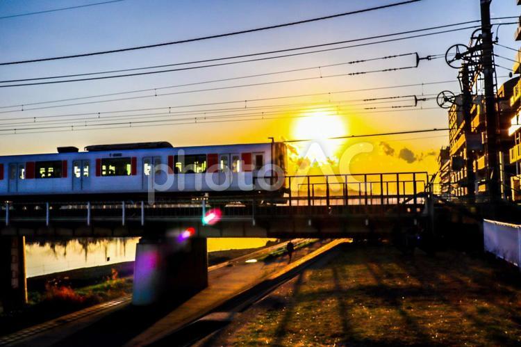 東横線の電車と夕日 夕日,夕焼け,夕方の写真素材