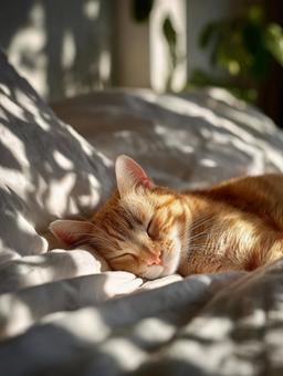 ベッドで眠る猫 ベッドで眠る猫の写真