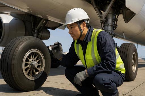 飛行機の車輪周辺を確認する整備員 飛行機の車輪周辺を確認する整備員の写真
