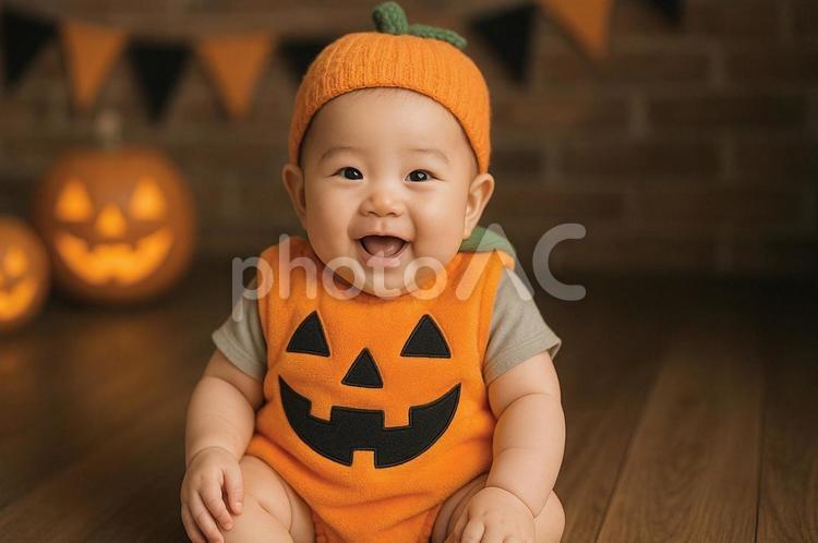 ハロウィンの衣装で笑顔な赤ちゃん ai生成,人物,赤ちゃんの写真素材