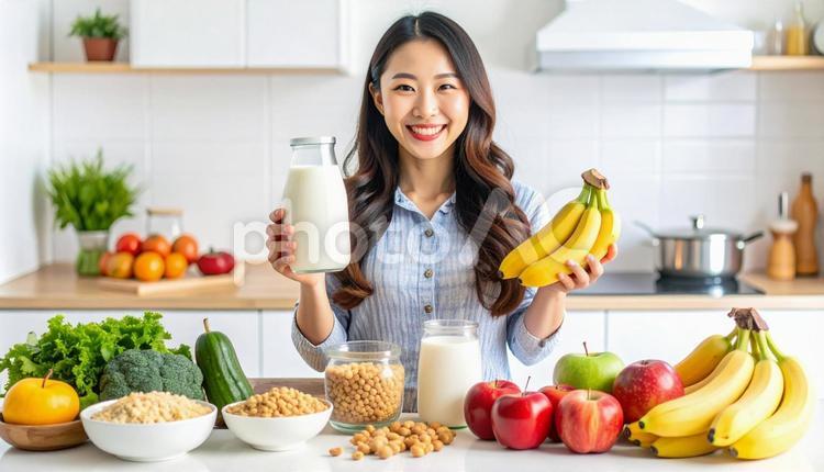 腸活のための食事を見せる女性 腸活,女性,ヨーグルトの写真素材