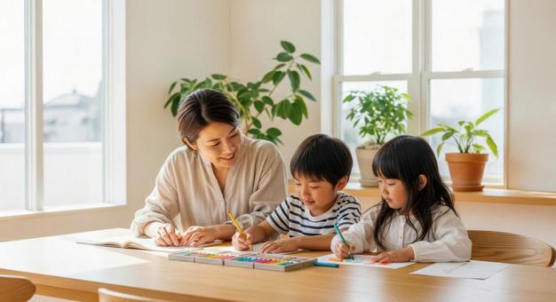 親子でお絵描き・勉強シーン 親子でお絵描き・勉強シーンの写真