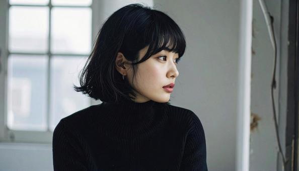 窓辺で外を見つめる黒タートルネックの女性 窓辺で外を見つめる黒タートルネックの女性の写真