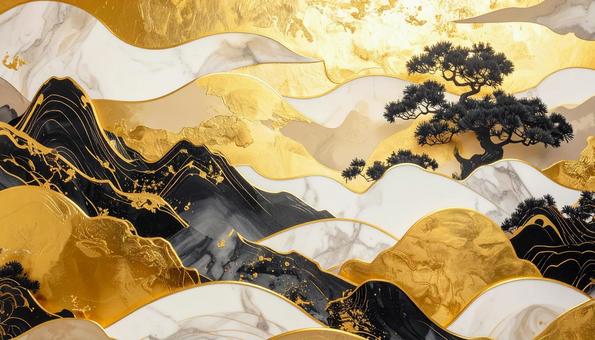 金箔と黒の山水画風 抽象デザインの写真