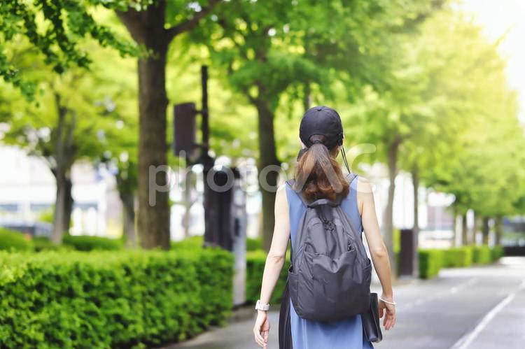 歩く女性の後ろ姿と緑の風景 女性,歩く,旅の写真素材