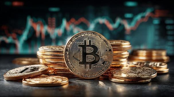A pile of bitcoins with a stock chart in the background, bit coin, virtual currency, encryption currency, JPG