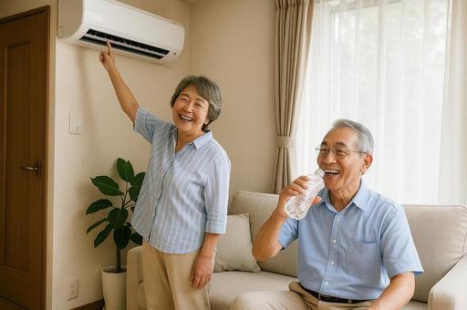 エアコンをつけて水分補給をする高齢夫婦 エアコンをつけて水分補給をする高齢夫婦の写真