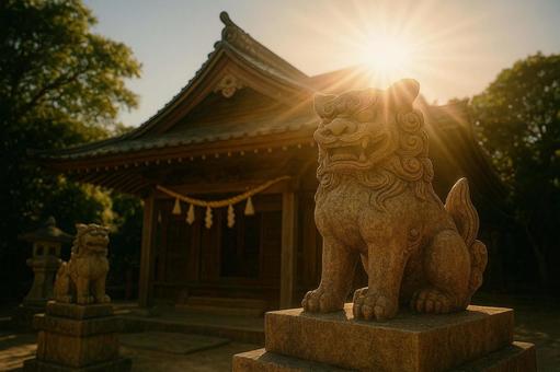 神社と輝く狛犬 神社と輝く狛犬の写真