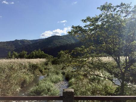 手すり越しの秋晴れの山里とすすき野原 手すり越しの秋晴れの山里とすすき野原 すすき,草原,木々の写真素材
