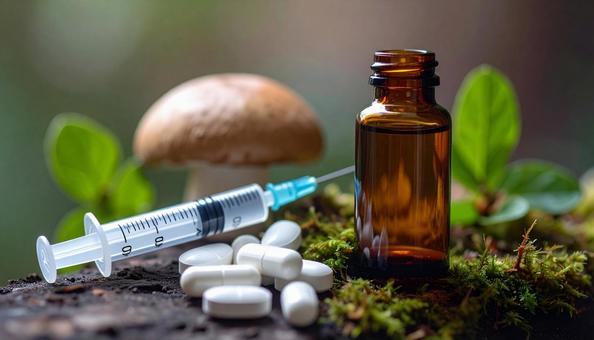 治療薬 白い錠剤と注射器と薬瓶 治療薬 白い錠剤と注射器と薬瓶の写真