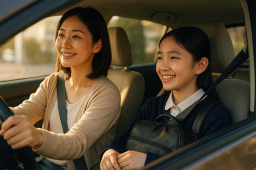 塾の送迎で車に乗る家族 塾の送迎で車に乗る家族の写真