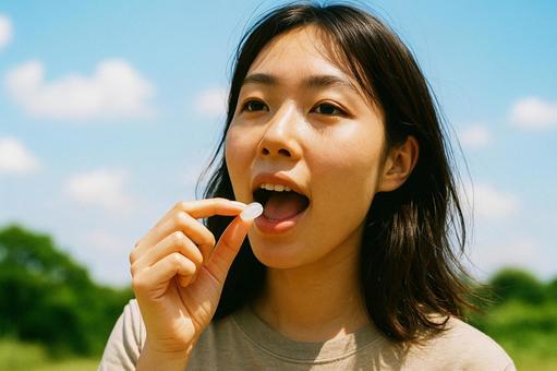 塩飴を口に入れようとする女性 塩飴を口に入れようとする女性の写真