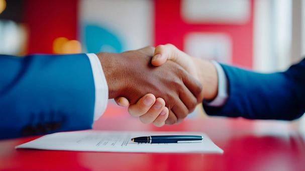 重要書類前での信頼の握手の写真