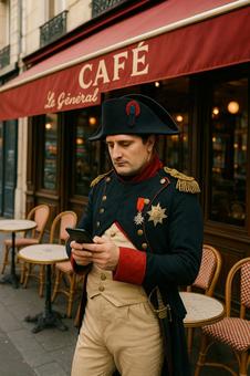 A foreign man using his smartphone in front of a cafe, ai, ai generation, generated image, JPG