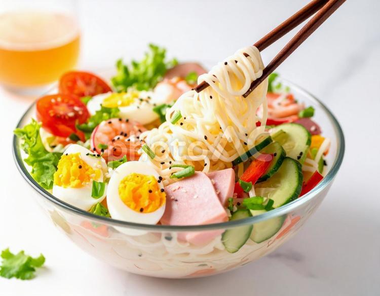 ガラスの器の冷麺　冷やし中華を箸ですくう 冷やし中華,冷麺,夏の写真素材