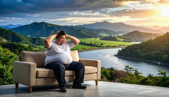 肥満で疲れやすく、額に手をやる男性の写真