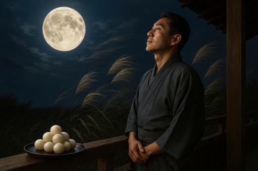 秋風に吹かれながら月を眺める男性 秋風に吹かれながら月を眺める男性の写真