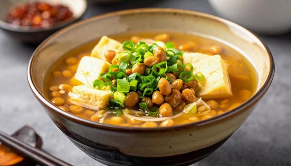 ネギがのった納豆汁、納豆の味噌汁の写真