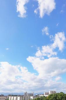 青空と雲と街並みの風景 縦 空,青空,大空の写真素材