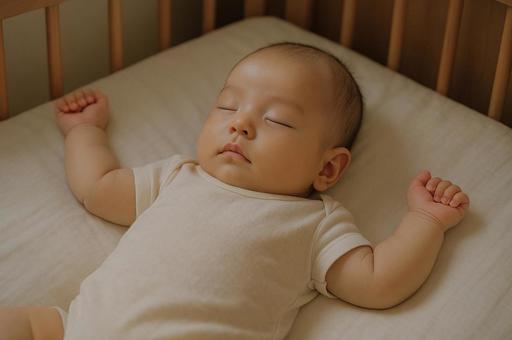 ベッドで寝ている赤ちゃん ベッドで寝ている赤ちゃんの写真