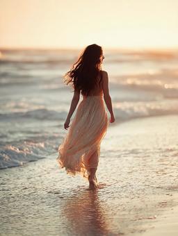 風に揺れる髪とドレス夕焼けの海を歩く女性 風に揺れる髪とドレス夕焼けの海を歩く女性の写真