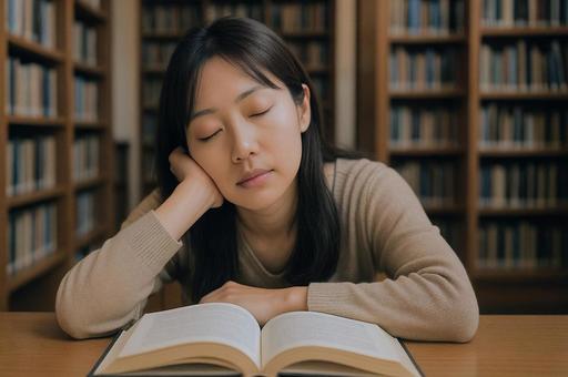 図書館でうたた寝する女性 図書館でうたた寝する女性の写真
