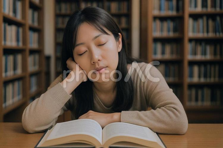 図書館でうたた寝する女性 ai生成,人物,女性の写真素材