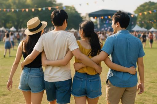 肩を組んで歩く友人たち 肩を組んで歩く友人たちの写真
