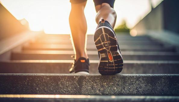 階段を駆け上がる日本人の男性ランナー 階段を駆け上がる日本人の男性ランナーの写真