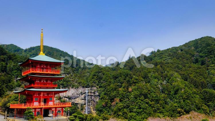 那智の滝と五重塔 那智山,那智の滝,滝の写真素材
