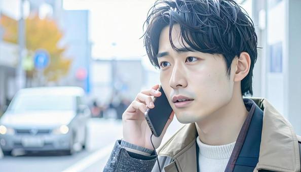 困った表情で電話する若者 困った表情で電話する若者の写真