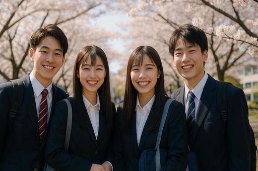 桜並木と学生の集合写真 桜並木と学生の集合写真の写真