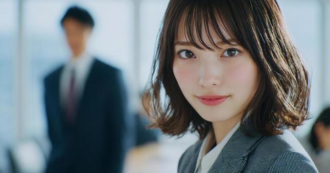 カメラ目線のスーツの女性の写真