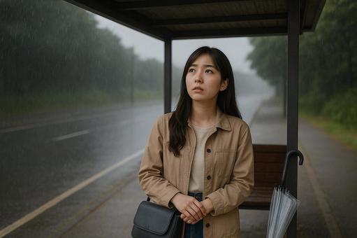 雨のバス停で佇む女性 雨のバス停で佇む女性の写真