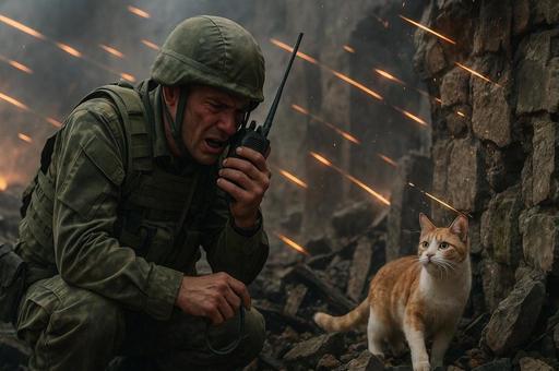 砲火の中の無線兵と猫 砲火の中の無線兵と猫の写真