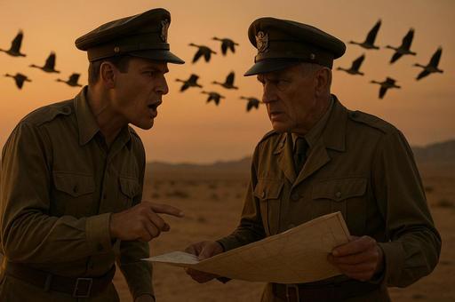 夕焼け空と地図を指差す軍人の写真