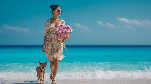 輝く海を背景に花束を持つエレガントな女性 輝く海を背景に花束を持つエレガントな女性の写真