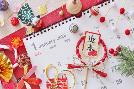 正月飾りとカレンダー カレンダー,1月,2026年の写真素材