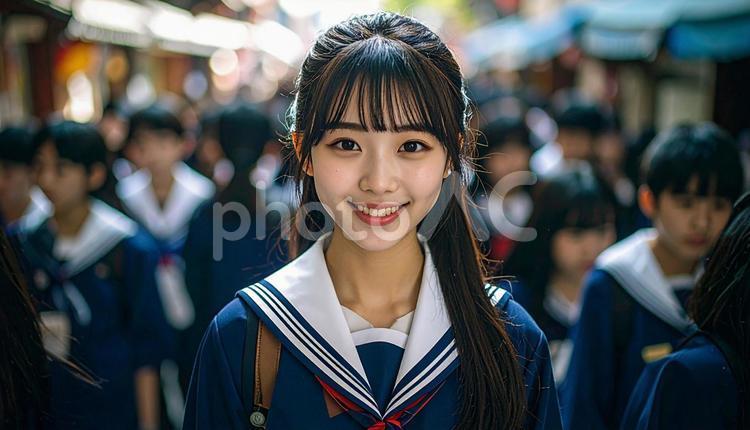 学校に通うセーラー服姿の女の子 セーラー服,校門,女学生の写真素材