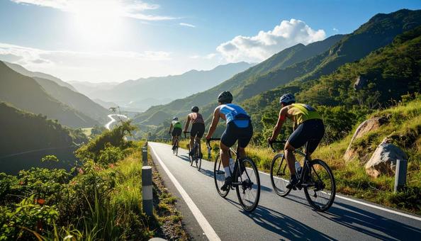 トライアスロン 自転車をこぐ選手たち トライアスロン 自転車をこぐ選手たちの写真