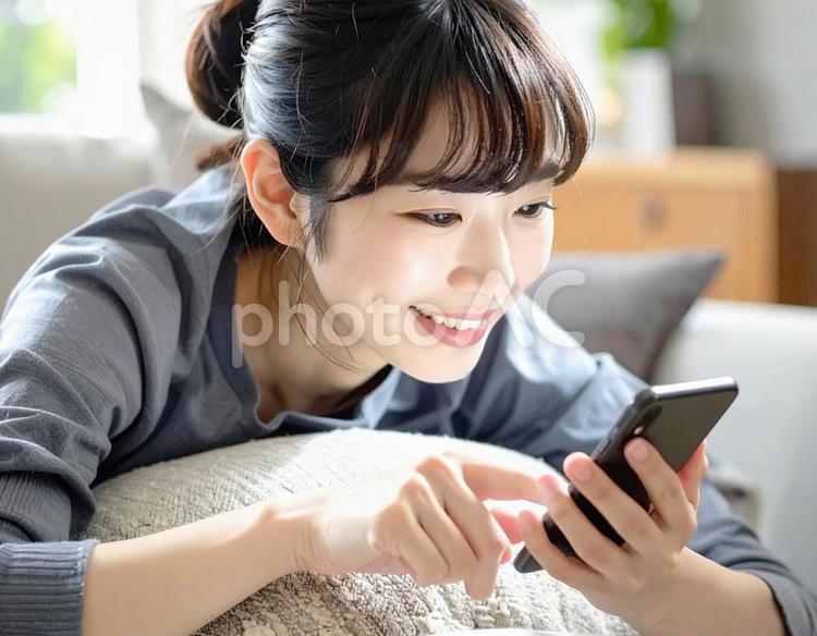 ソファでスマホを見る女性5 スマートフォン,スマホ,女性の写真素材