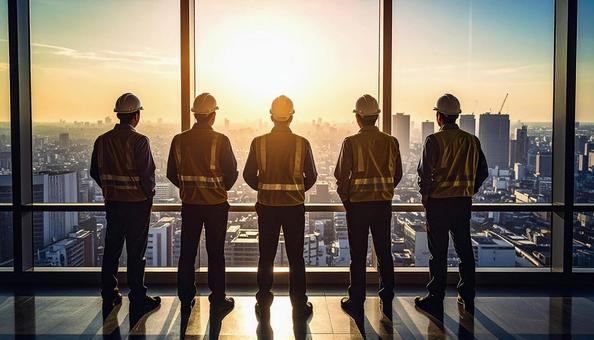 窓から街を見つめる建設作業員 窓から街を見つめる建設作業員の写真