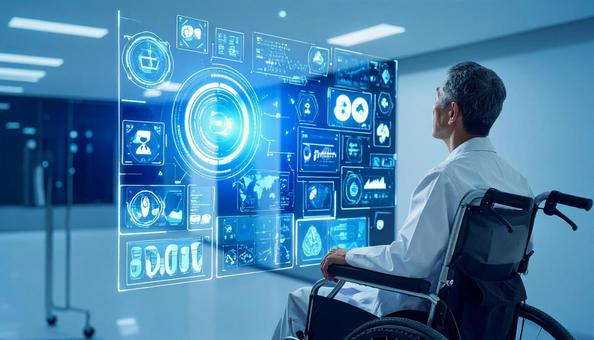 車椅子の高齢者がホログラムで情報収集 車椅子の高齢者がホログラムで情報収集の写真