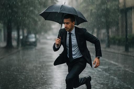 雨の街を駆け抜ける傘の人物 雨の街を駆け抜ける傘の人物の写真
