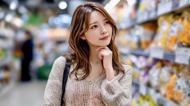 スーパーで買い物に悩む女性の日常シーンの写真