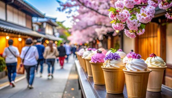 店先に置かれたソフトクリームとアイス 店先に置かれたソフトクリームとアイスの写真