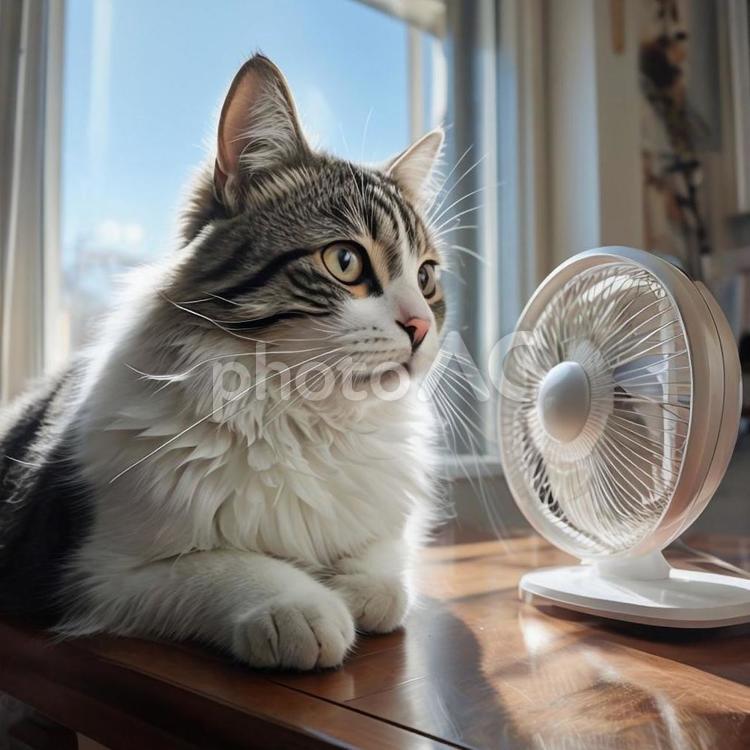 扇風機に当たり涼む猫 扇風機,猫,動物の写真素材