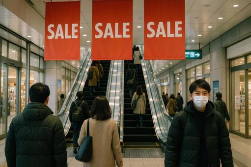 駅ビル入口のセール旗 駅ビル入口のセール旗の写真